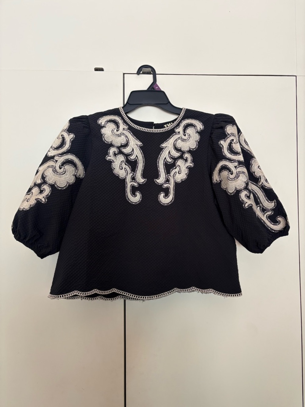 THML Black Puff-Sleeve Top with Cream Embroidery